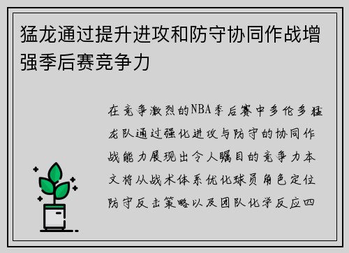 猛龙通过提升进攻和防守协同作战增强季后赛竞争力