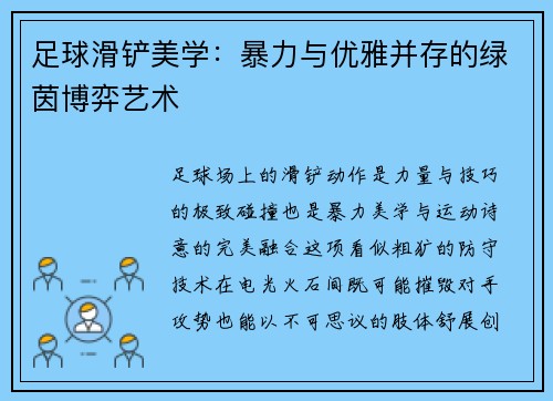 足球滑铲美学：暴力与优雅并存的绿茵博弈艺术